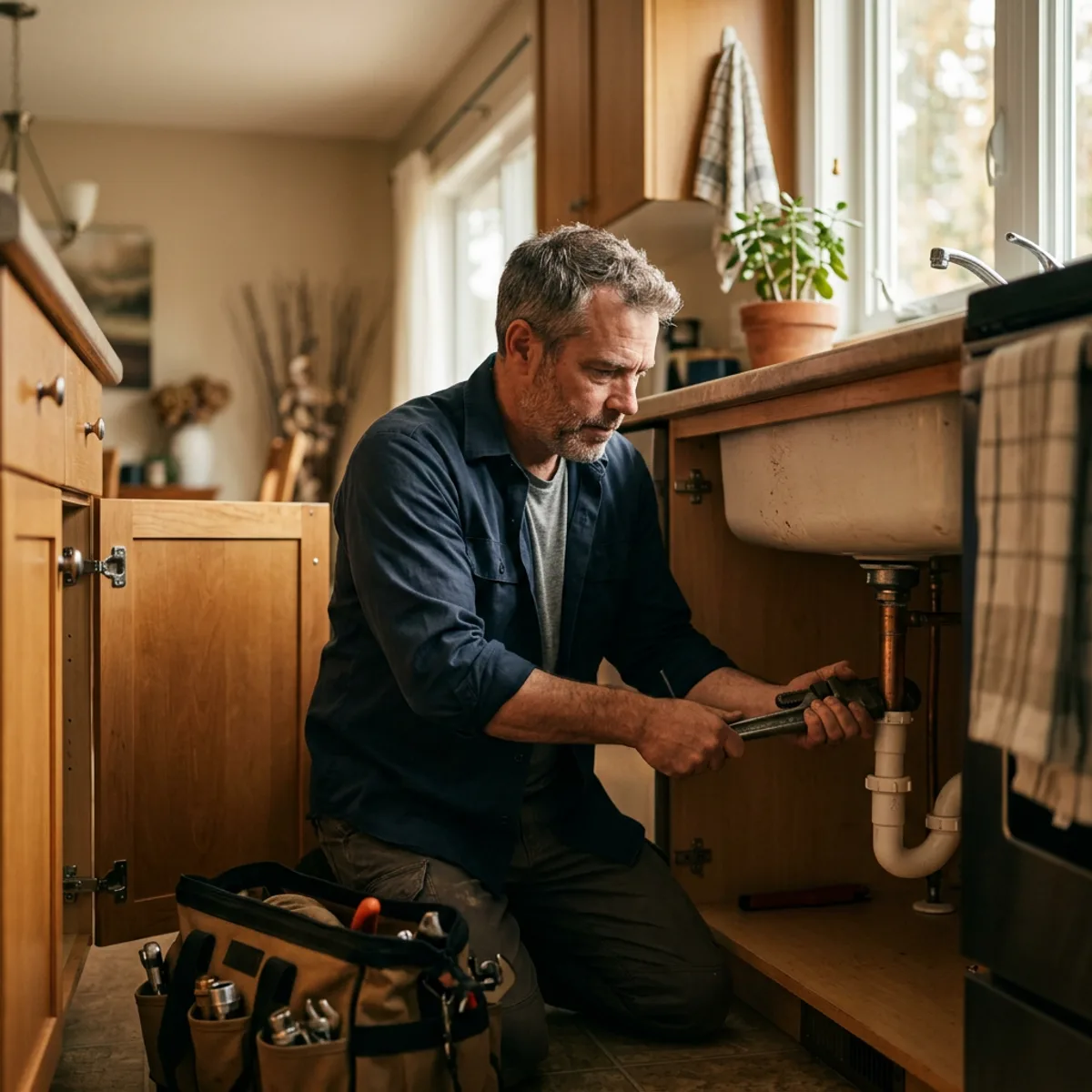 Plumber working under a kitchen sink