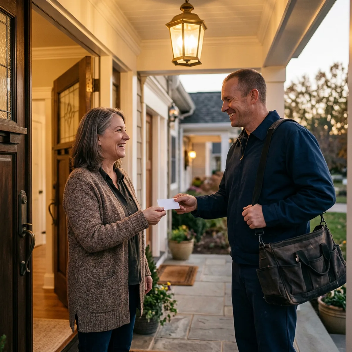 Technician talking with a homeowner at the front door
