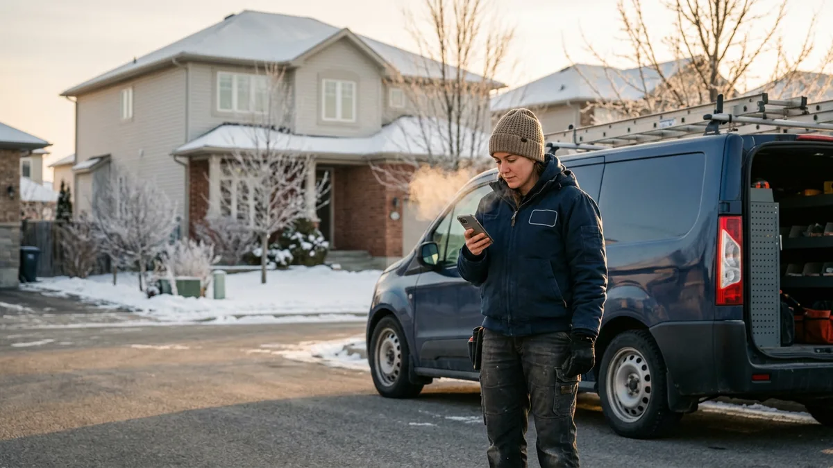 Tradesperson checking her phone beside a work van on a snowy residential street