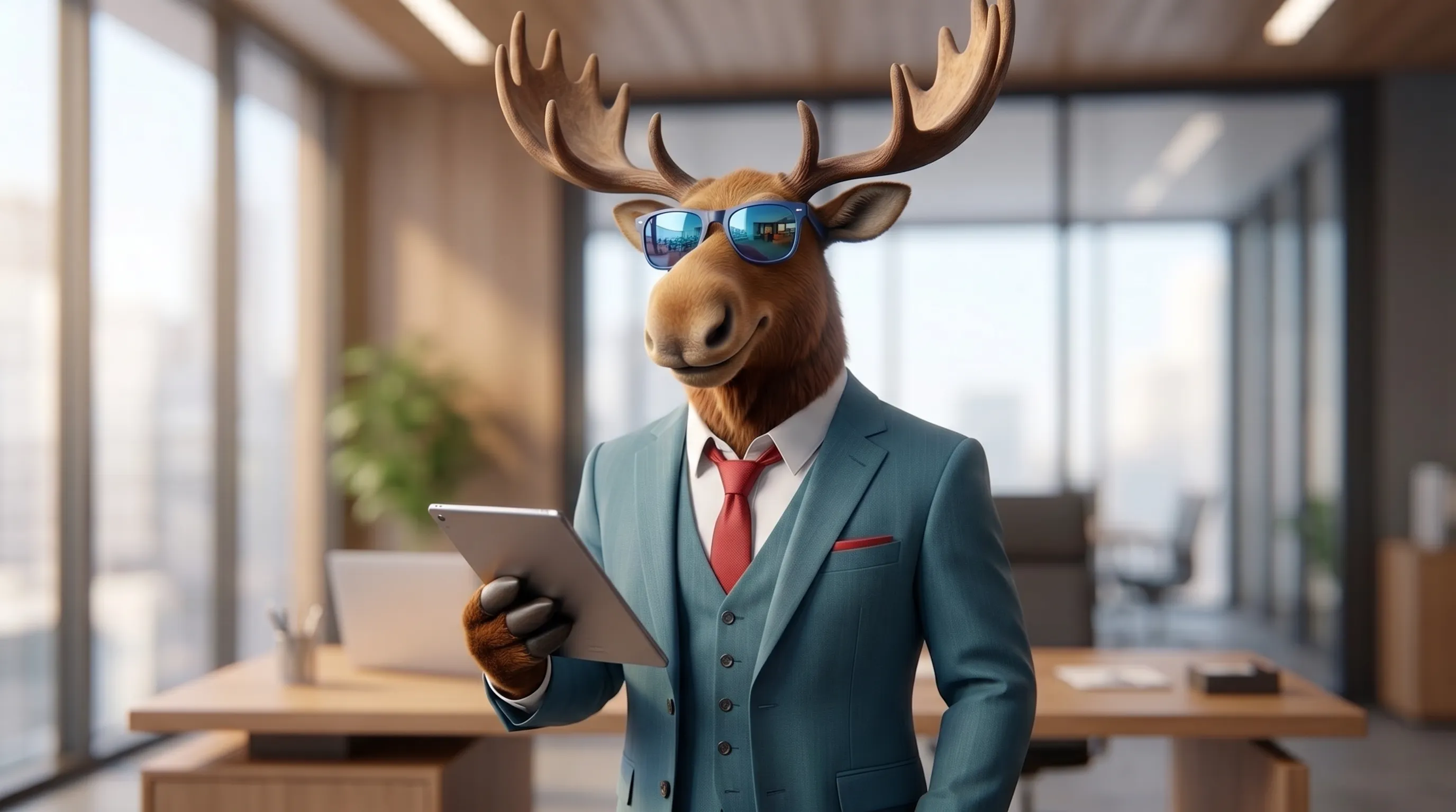 Mr. Moose reviewing SEO data on a tablet
