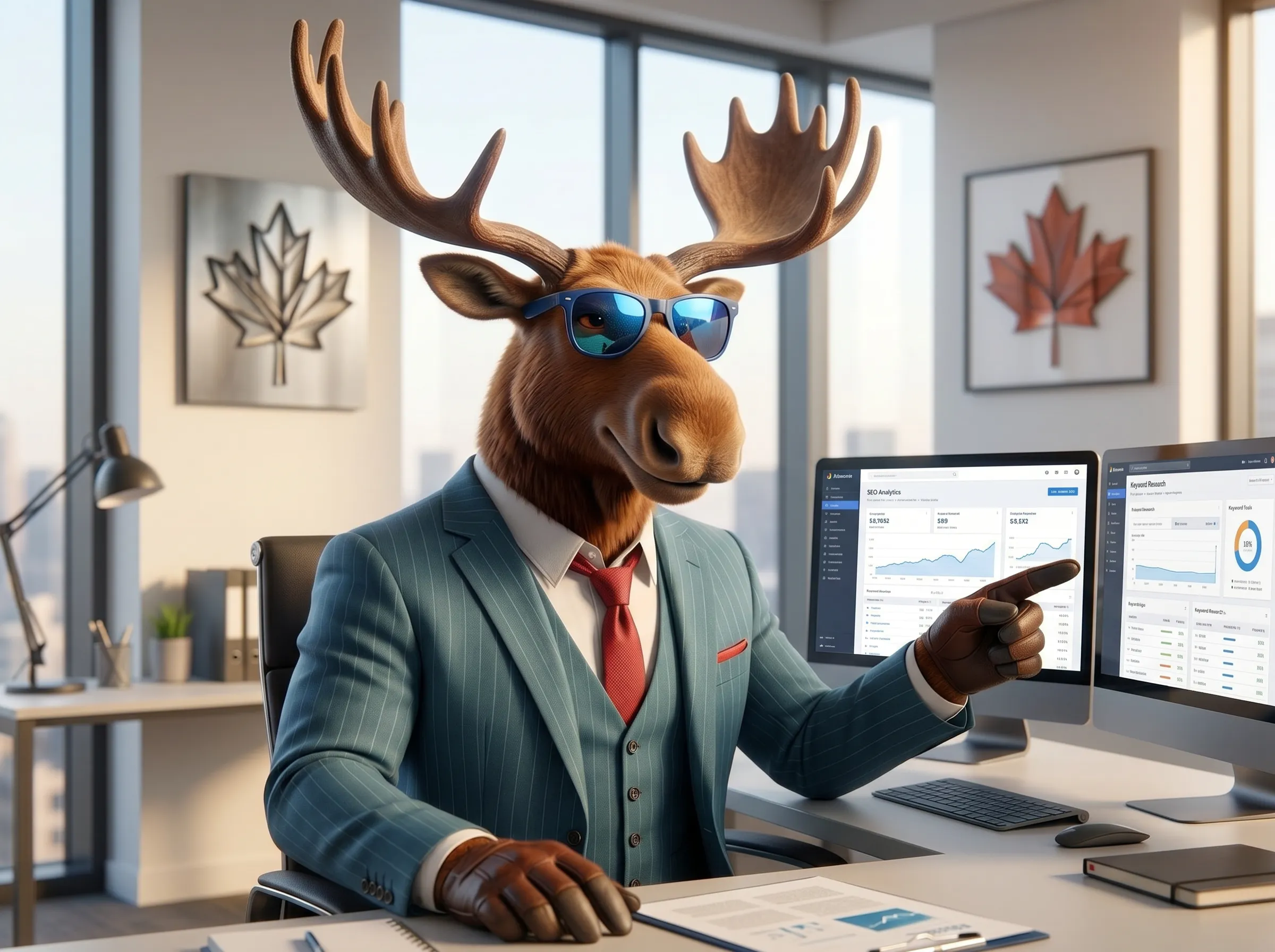 Mr. Moose reviewing an SEO strategy and analytics report