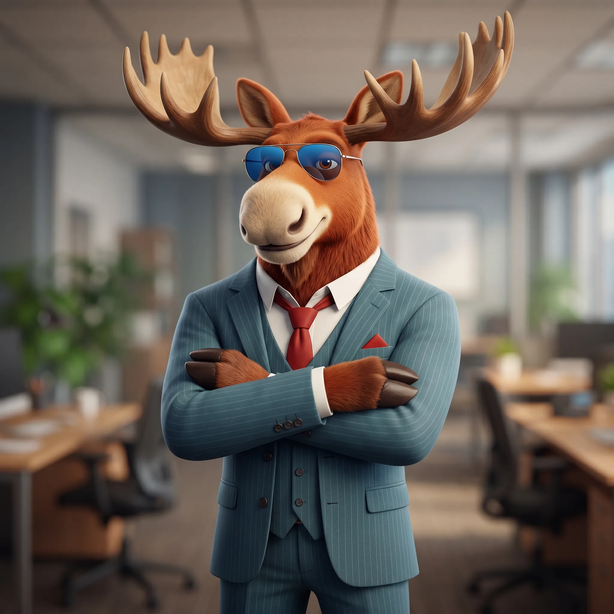 Mr. Moose standing confidently in a professional setting