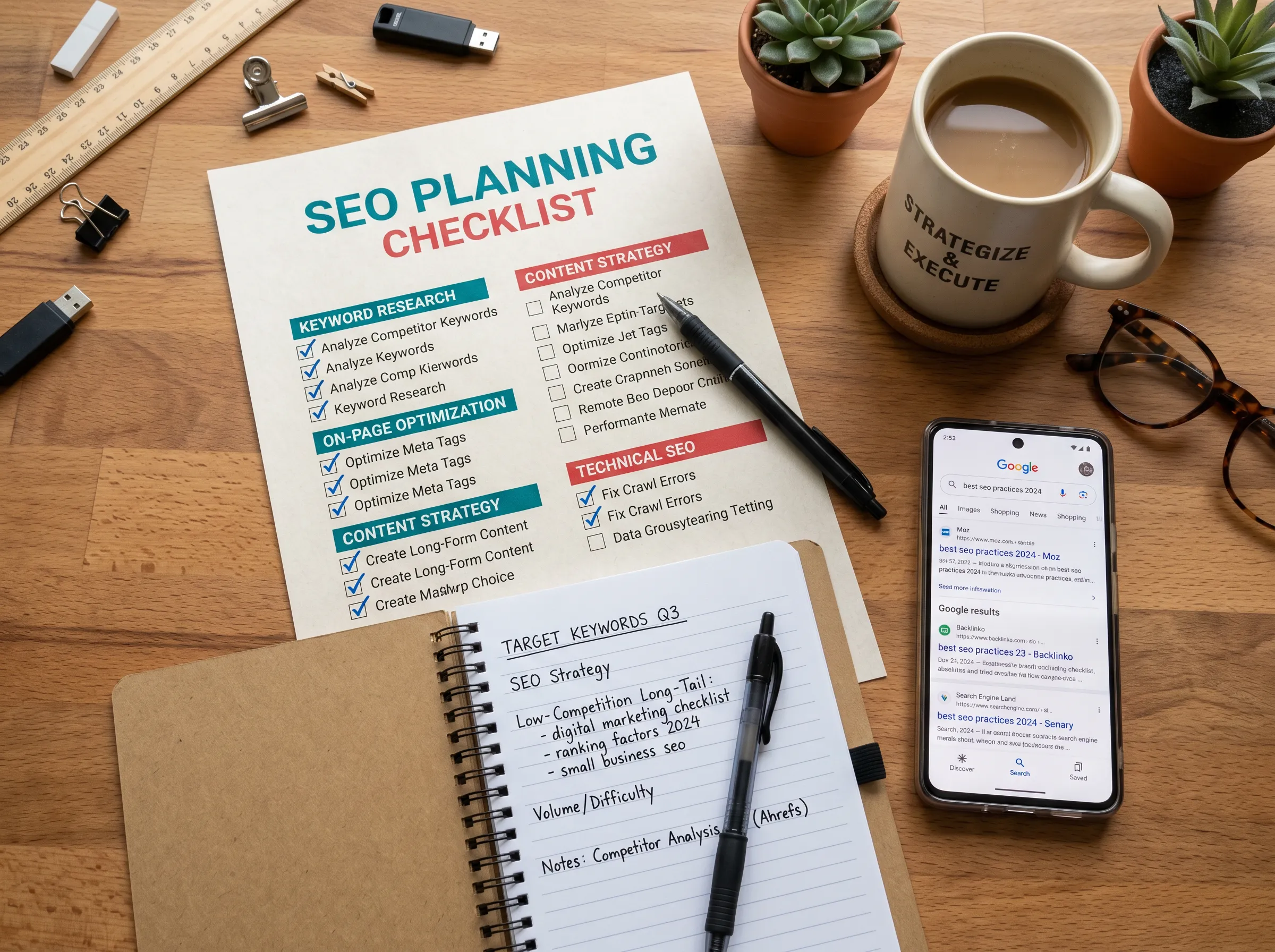 SEO planning materials including checklists and keyword research documents
