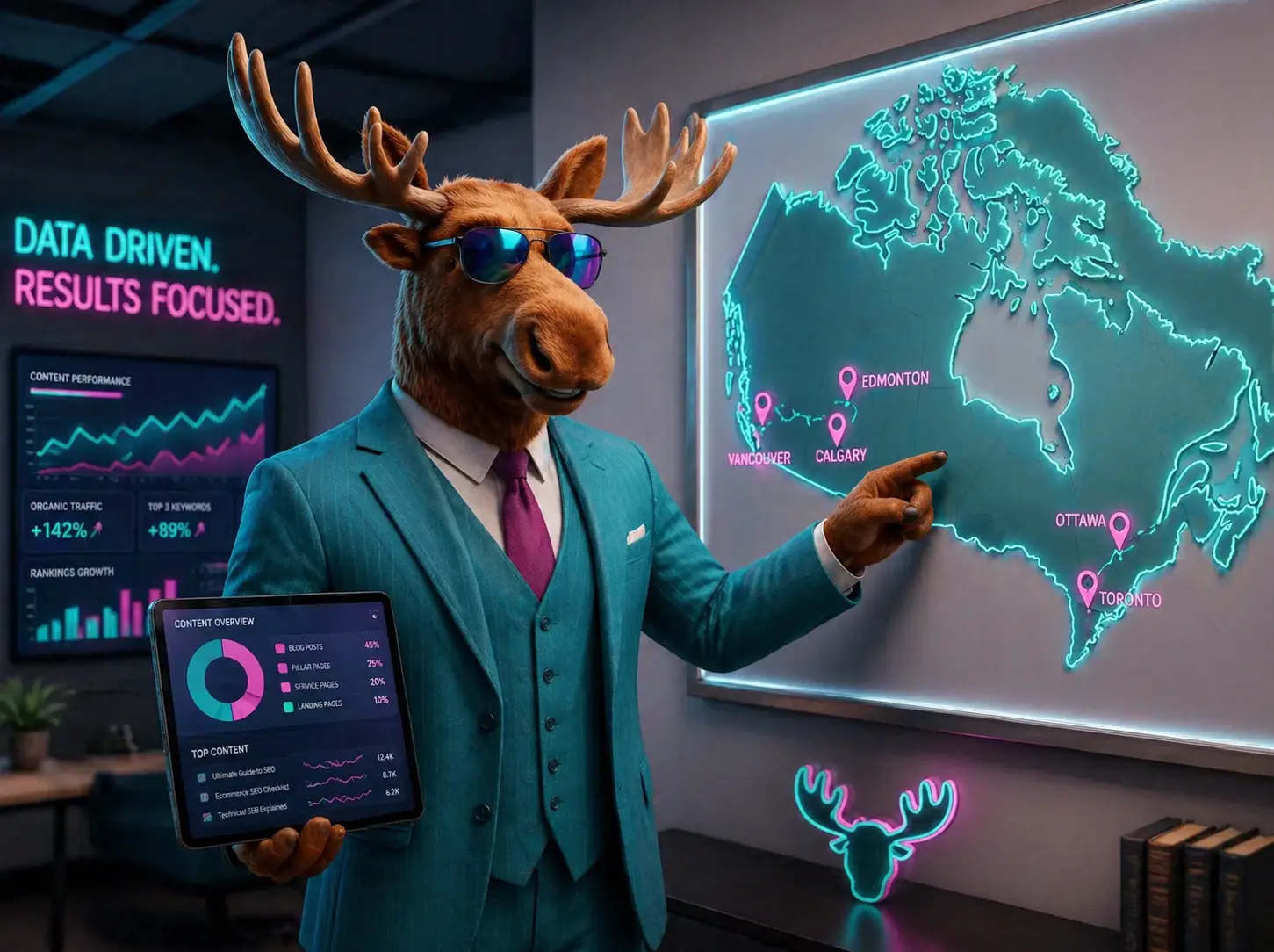 Digital Moose mascot pointing at a neon map of Canada with city pins, holding a content analytics tablet